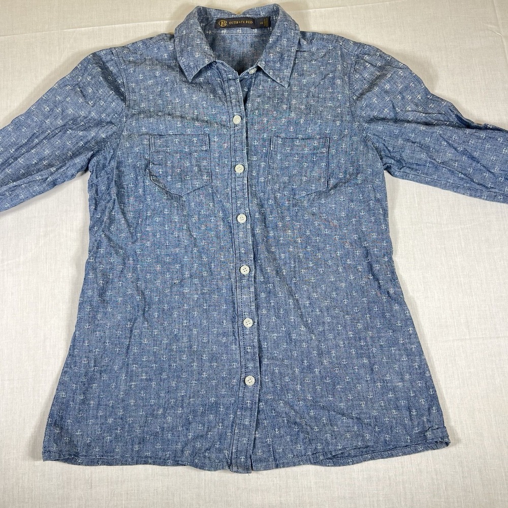 Outback Red Womens XS Chambray Shirt Anchor Print Button Up Long Sleeve